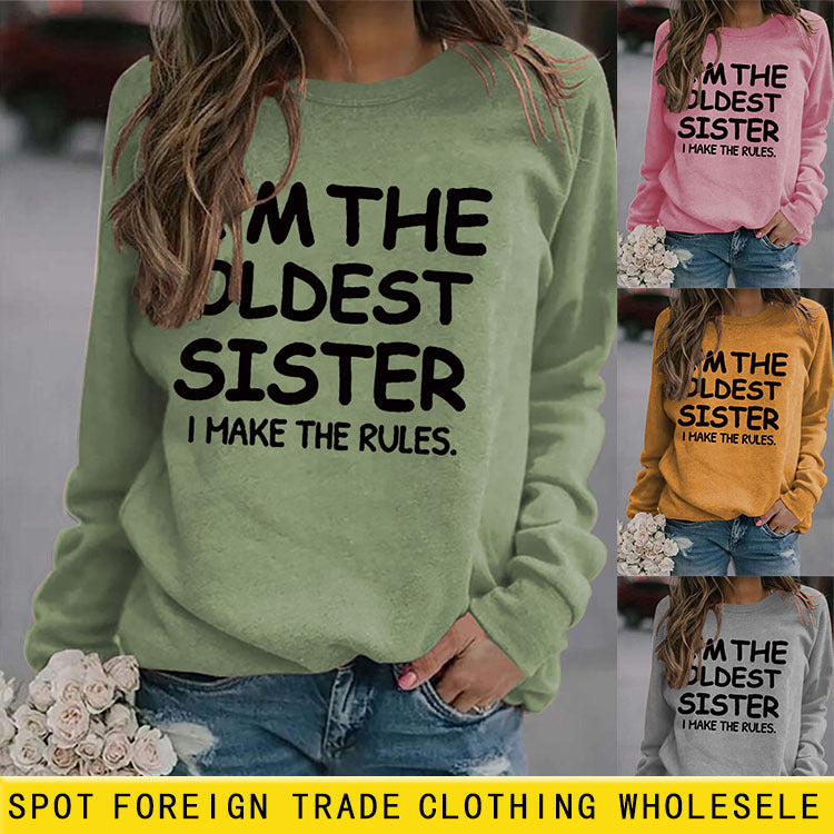 Sweat-shirt à manches longues pour femmes, col rond, lettre, mode, je suis la sœur aînée, ample, imprimé