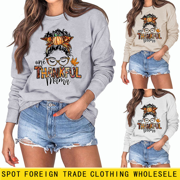 ONE THANKFUL MAMA Lettre Citrouille Halloween Col Rond Manches Longues Sweat Grande Taille