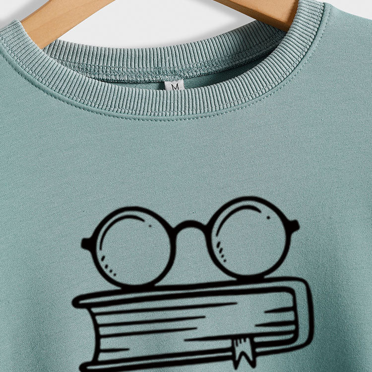 Livre Nerd Lunettes Livre Imprimé Lâche Fond Manches Longues Pull Grande Taille