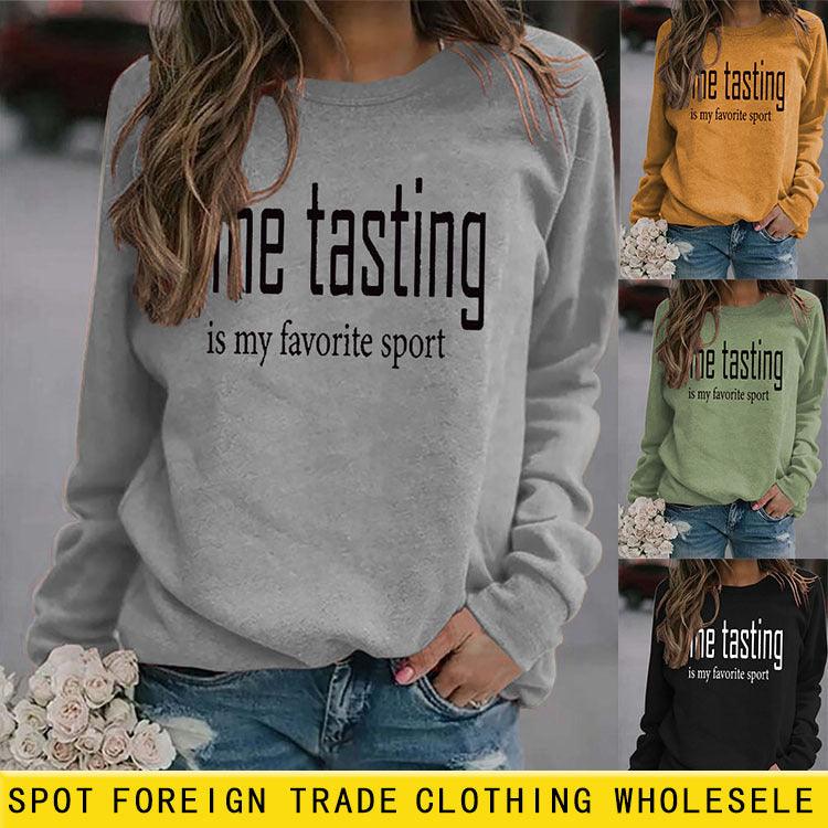 Sweat-shirt ample à col rond et manches longues, imprimé dégustation de vin